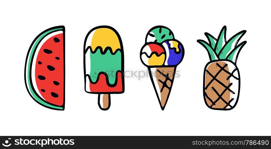 Collection of vector ice cream watermelon and pineapple illustrations drawn by hand isolated on background.