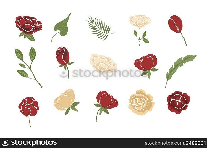 Collection of vector illustrations, colorful flowers, for compositions and design. Isolated on white background. Fashion illustration in trend, set