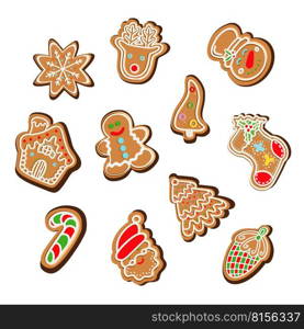 Collection of vector illustrations of graphic icons of traditional Xmas gingerbread cookies of various shapes. Set of traditional Christmas cookies vector design