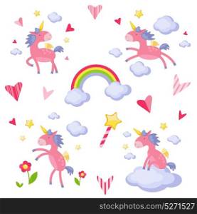 Collection of vector illustrations with a pink unicorn