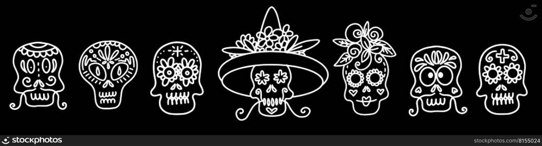 Collection of vector linear illustrations of decorated skulls of different types on black background for Halloween celebration concept designs. set of vector illustrations of decorated skulls