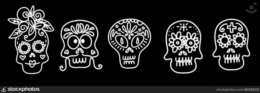Collection of vector linear illustrations of decorated skulls of different types on black background for Halloween celebration concept designs. set of vector illustrations of decorated skulls