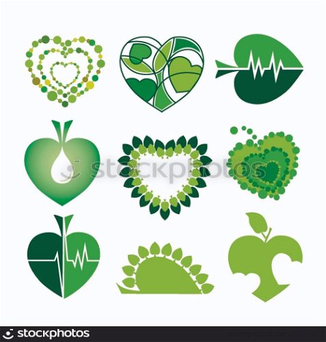 collection of vector logos health and the environment in the form of hearts and leaves
