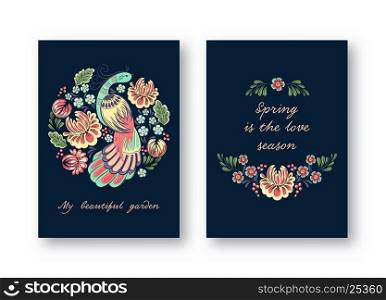 Collection of vector ornamental cards with bird and flower in traditional folk style. Invitation, Save the date, RSVP, Reception, Thank you card template with floral dark background