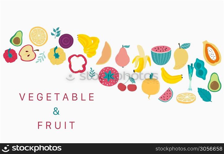 Collection of vegetable,fruit background set with banana, avocado,apple, orange,peper.Editable vector illustration for website, invitation,postcard and sticker