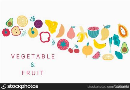Collection of vegetable,fruit background set with banana, avocado,apple, orange,peper.Editable vector illustration for website, invitation,postcard and sticker