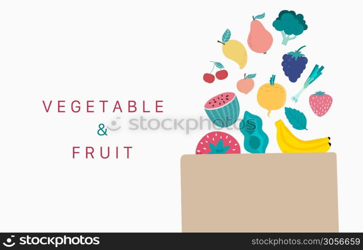 Collection of vegetable,fruit background set with banana, avocado,apple, orange,peper.Editable vector illustration for website, invitation,postcard and sticker