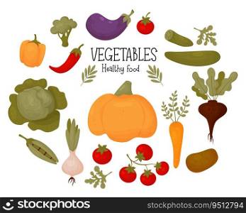 Collection of vegetables. Healthy food. Fresh tomatoes, pumpkin, eggplant, pepper, peas with carrot, cucumbers, beetroot and cabbage with onion. Isolated vector colored fruits in cartoon flat style