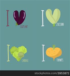 Collection of vegetables. Set of I love eggplant, turnips. Symbol of heart of the squash and cabbage. Sign for fans of vegetables-vegetarians.