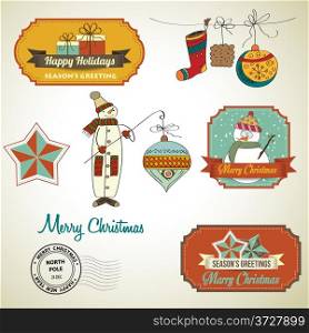 Collection of vintage Christmas decorative elements and labels, vector illustration