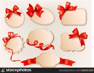 Collection of vintage labels with a red gift bows and ribbons. Vector illustration.