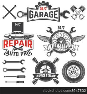 Collection of vintage retro grunge car labels, badges and icons. Garage,Car repaire station, Tire Service labels and badges and design elements.