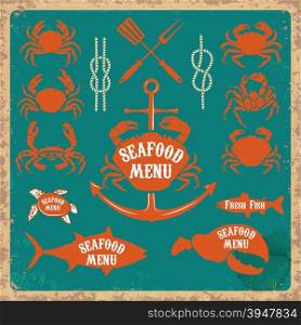 Collection of vintage retro grunge seafood restaurant labels, badges and icons. Vector illustration.