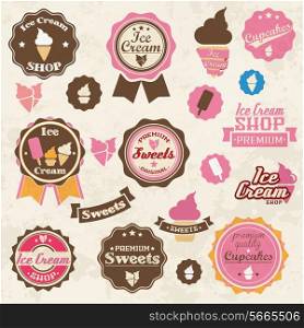 Collection of vintage retro ice cream and cupcake labels, stickers, badges and ribbons, vector illustration