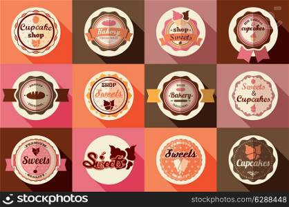 Collection of vintage retro ice cream and cupcake labels, stickers, badges and ribbons, vector illustration