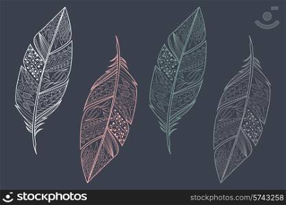 Collection of vintage tribal ethnic hand drawn colorful feathers, vector illustration