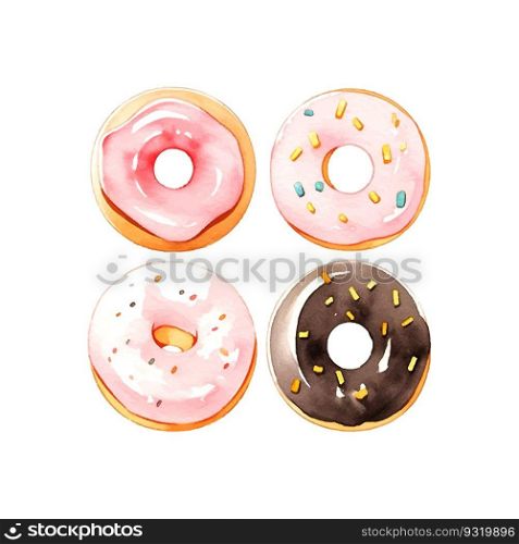 Collection of watercolor colorful donuts glazed.. Collection of watercolor colorful donuts glazed illustration