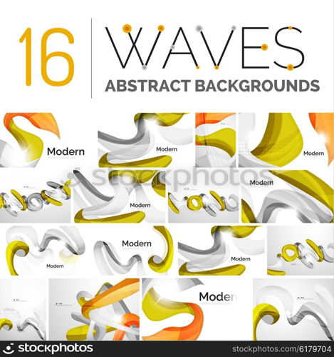 Collection of wave abstract backgrounds. Collection of wave abstract backgrounds - color curve stripes and lines in various motion concepts and with light and shadow effects. Presentation banner and business card message design template set.