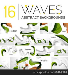 Collection of wave abstract backgrounds. Collection of wave abstract backgrounds - color curve stripes and lines in various motion concepts and with light and shadow effects. Presentation banner and business card message design template set.