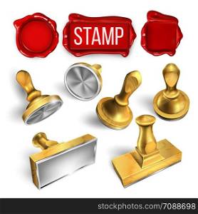 Collection Of Wax Seal And Stamp Cliche Set Vector. Different Form Round And Rectangular, Material Wooden And Metallic Stamp. Office Post Tool For Document And Mail Template Realistic 3d Illustration. Collection Of Wax Seal And Stamp Cliche Set Vector