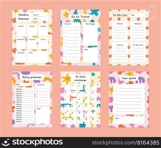 Collection of weekly or daily planners, note paper, to do lists with trendy abstract shapes and funny characters. Template for agenda, schedule, planners, checklists, notebooks, cards.