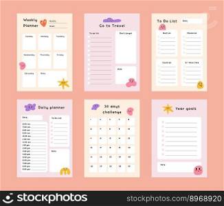 Collection of weekly or daily planners, note paper, to do lists with trendy abstract shapes and funny characters. Template for agenda, schedule, planners, checklists, notebooks, cards and other stationery.