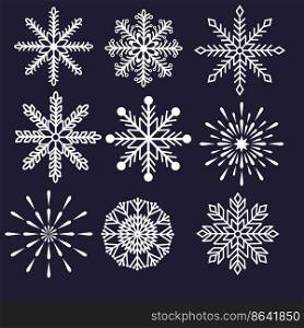 Collection of white snowflakes on a dark blue background. For the design of the New Year decoration. Vector illustration.