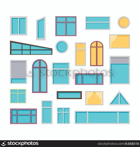 Collection of windows vector illustrations in flat style. Different types and forms of house windows. Home exterior design element. Isolated on white background.. Set of Windows Vector Illustrations In Flat Style.. Set of Windows Vector Illustrations In Flat Style.