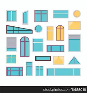 Collection of windows vector illustrations in flat style. Different types and forms of house windows. Home exterior design element. Isolated on white background.. Set of Windows Vector Illustrations In Flat Style.. Set of Windows Vector Illustrations In Flat Style.