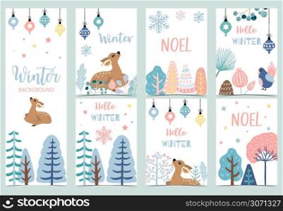 Collection of winter background set with reindeer,bird,flower,leaves.Editable vector illustration for birthday invitation,postcard and website banner