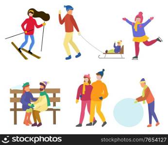 Collection of winter characters, isolated set of man and woman leading active lifestyle. Skiing female and child. Couple sitting on wooden bench. Personage with snowball, sculpting snowman vector. Winter Characters Hobbies Activities Collection