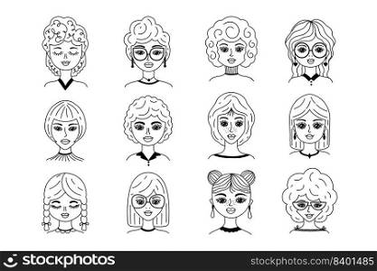 Collection of women faces in doodle style on white background.