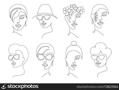 Collection of women faces in on line drawing style on white background.