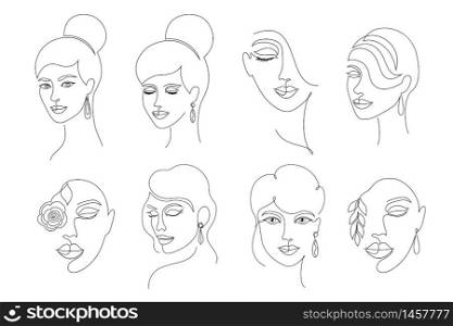 Collection of women faces in on line drawing style on white background.. Collection of women faces.