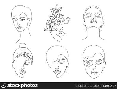 Collection of women faces in on line drawing style on white background.. Collection of women faces