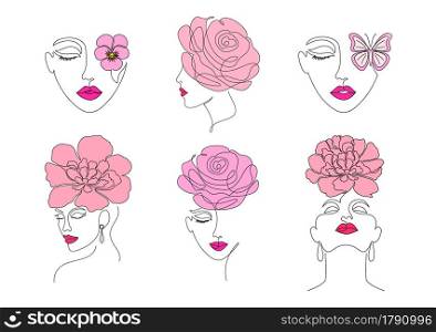 Collection of women faces in on line drawing style on white background.