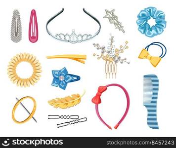 Collection of women hair accessories vector illustrations set. Elastic hair bands and clips, plastic bow, comb, diadem, hairpin isolated on white background. Accessories, beauty salon concept