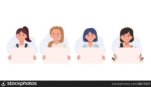 Collection of women holding blank placards. Happy women holding a banner. Vector illustration.