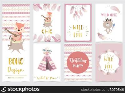 Collection of woodland cards set with fox,bear.Vector illustration for birthday invitation,postcard and sticker.Editable element