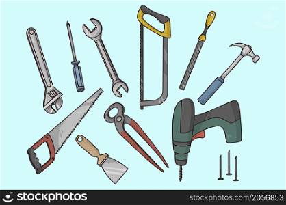 Collection of work tools for carpentry and woodwork. Set of building and repair instruments or equipment for masonry. Home renovation kit. Electric and manual toolkit. Flat vector illustration. . Colorful set of work tools for carpentry and woodwork