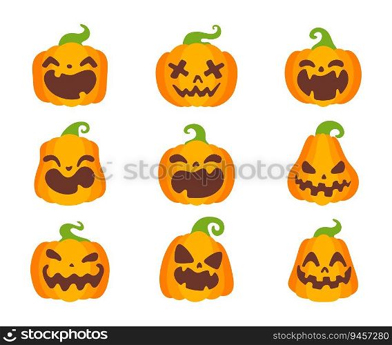 Collection of yellow pumpkins carved ghost faces for Halloween.