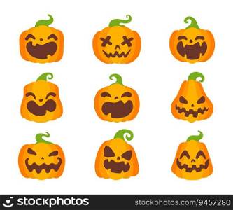 Collection of yellow pumpkins carved ghost faces for Halloween.