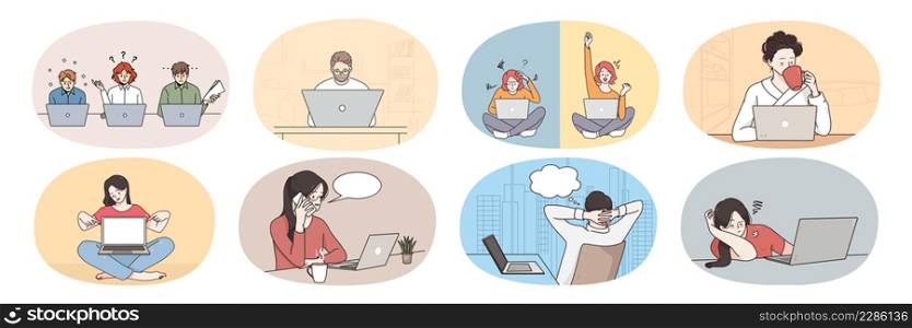 Collection of young people use computer communicate online on gadget. Set of men and women study on web, browse internet on laptop or surf social medial. Flat vector illustration. . Collection of people browse internet on computer