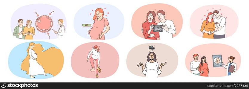 Collection of young pregnant woman and man waiting for baby born. Set of happy family excited with pregnancy. Ivf treatment. Childbirth and parenthood concept. Vector illustration. . Set of young pregnant woman and man wait for infant