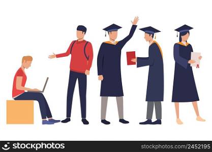 Collection of young students in graduation gowns. Vector illustration of female and male characters with diplomas. Can be used for presentation, tutorial, university. Collection of young students in graduation gowns