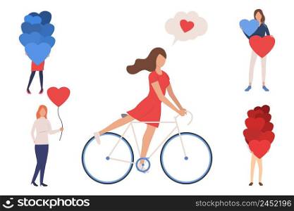 Collection of young women with heart-shaped balloons. Group of carefree girls expressing feelings. Can be used for advertisement, poster, banner. Collection of young women with heart-shaped balloons