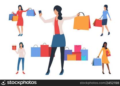 Collection of young women with shopping bags. Flat cartoon characters showing purchases. Can be used for advertisement, poster, placard. Collection of young women with shopping bags