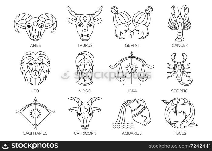 Collection of zodiac signs on white background. Line art icons.. Collection of zodiac signs