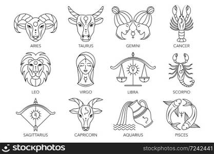 Collection of zodiac signs on white background. Line art icons.. Collection of zodiac signs