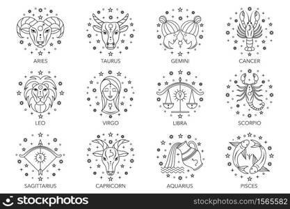 Collection of zodiac signs on white background. Line art icons.. zodiac signs on white